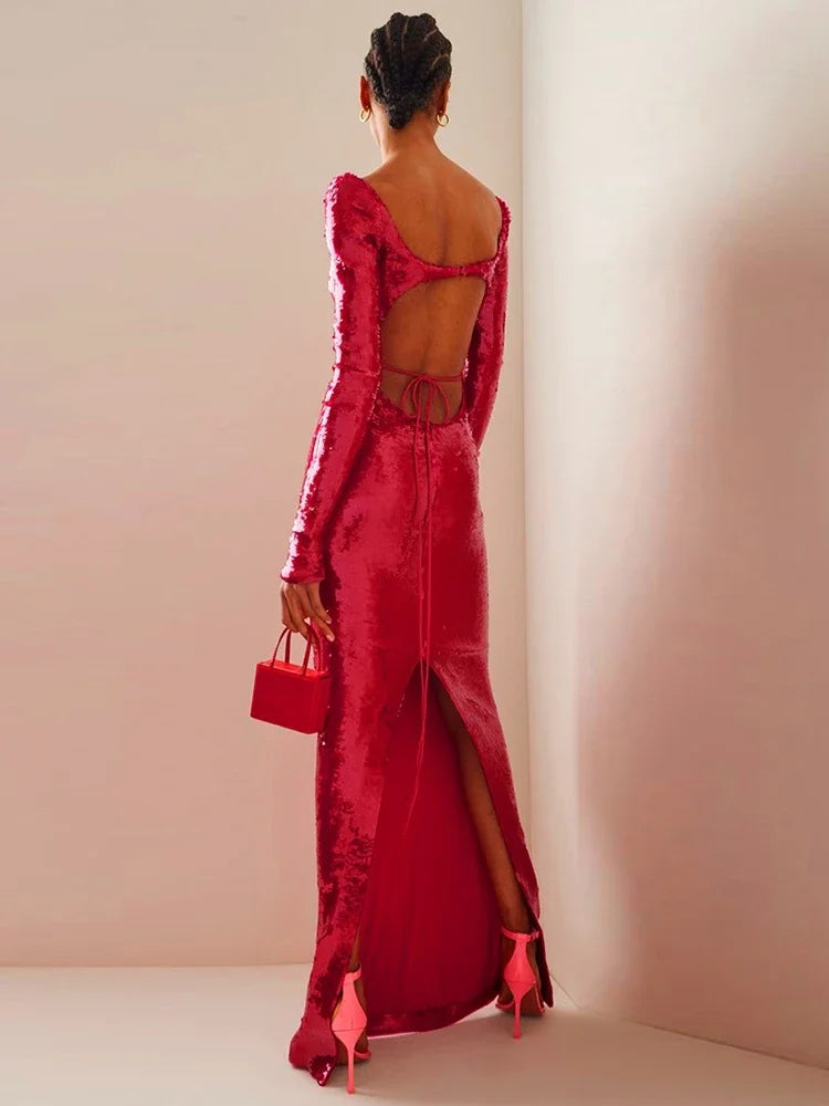 🍒Long sleeve sequins maxi dress women cutout backless long sleeve outfit for women sparkly shiny celebrity evening wear occasion party clothing Bar-utiful