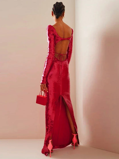🍒Long sleeve sequins maxi dress women cutout backless long sleeve outfit for women sparkly shiny celebrity evening wear occasion party clothing Bar-utiful