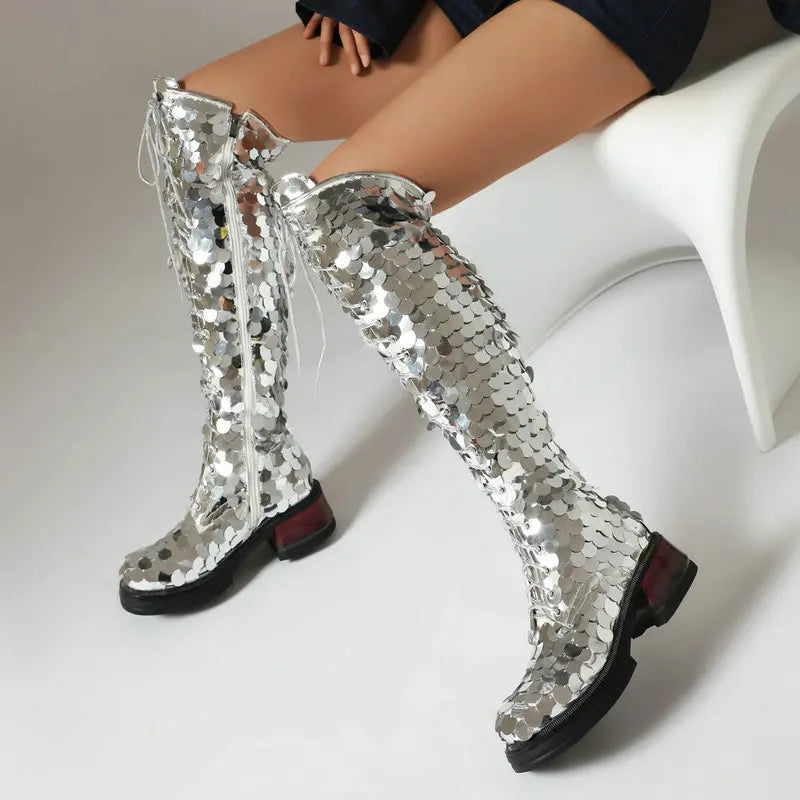 🍒Womens chumky boots over the knee zipped thick bottom sequined boots silver 5CM block heel club party long metalic footwear round toe plus size Road Block Blocks