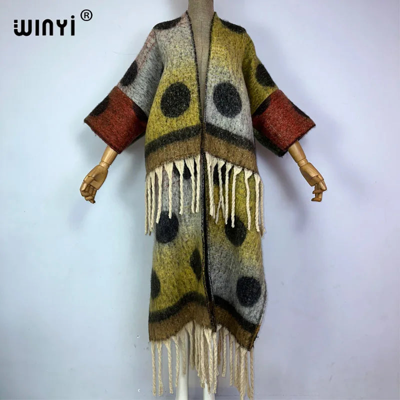 🍒winter coat for women fashion print long outdoor cardigan with  tassels luxury knitted overcoat thick europe warm long knit jacket cardigan Hot Spot