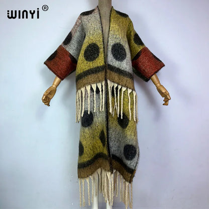 🍒winter coat for women fashion print long outdoor cardigan with  tassels luxury knitted overcoat thick europe warm long knit jacket cardigan Hot Spot