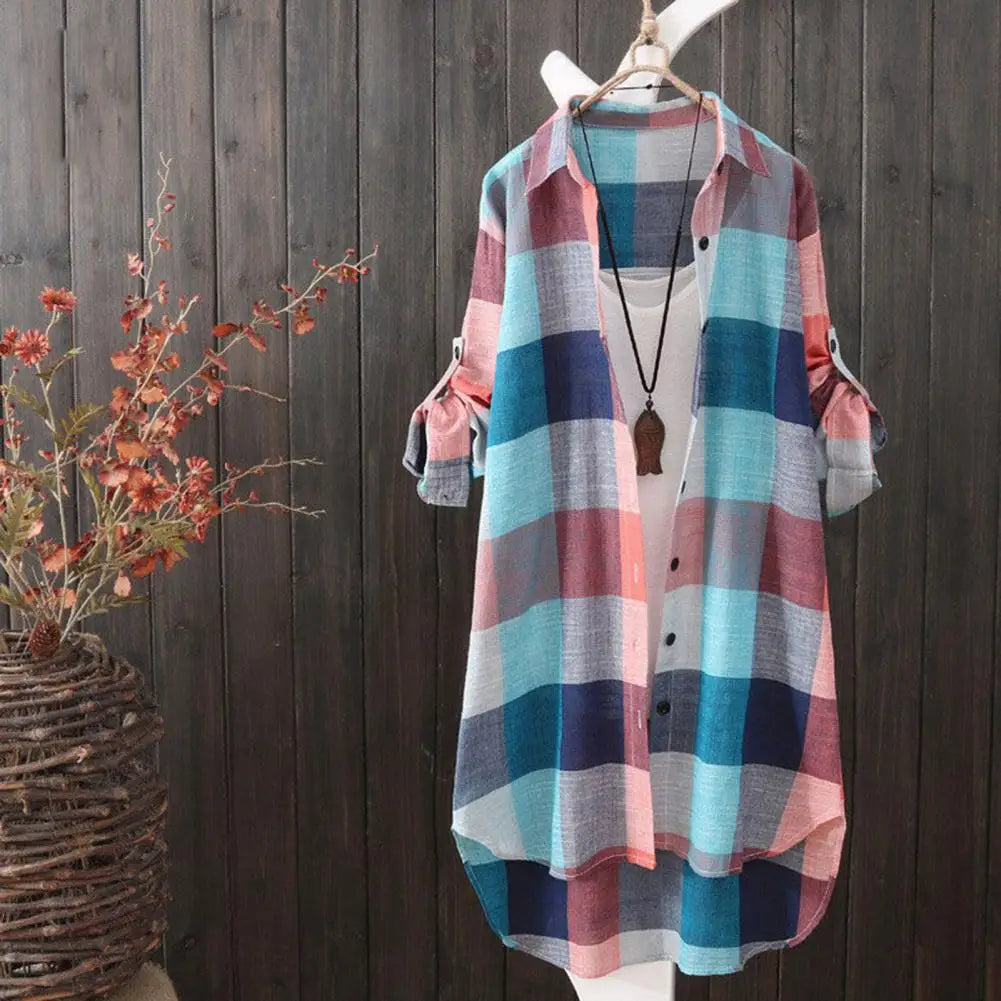 🍒Lapel shirt dress stylish plaid shirt coat women lapel long sleeve cardigan autumn outfits casual work shirts for ladies