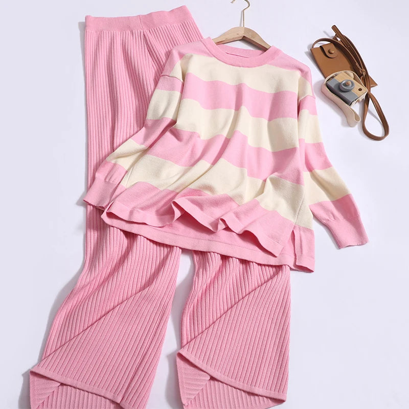 🍒Summer two-piece sets women’s contrast Colour striped top o-neck long sleeve plus casual high waist wide leg pants Suit Yourself With Stripes