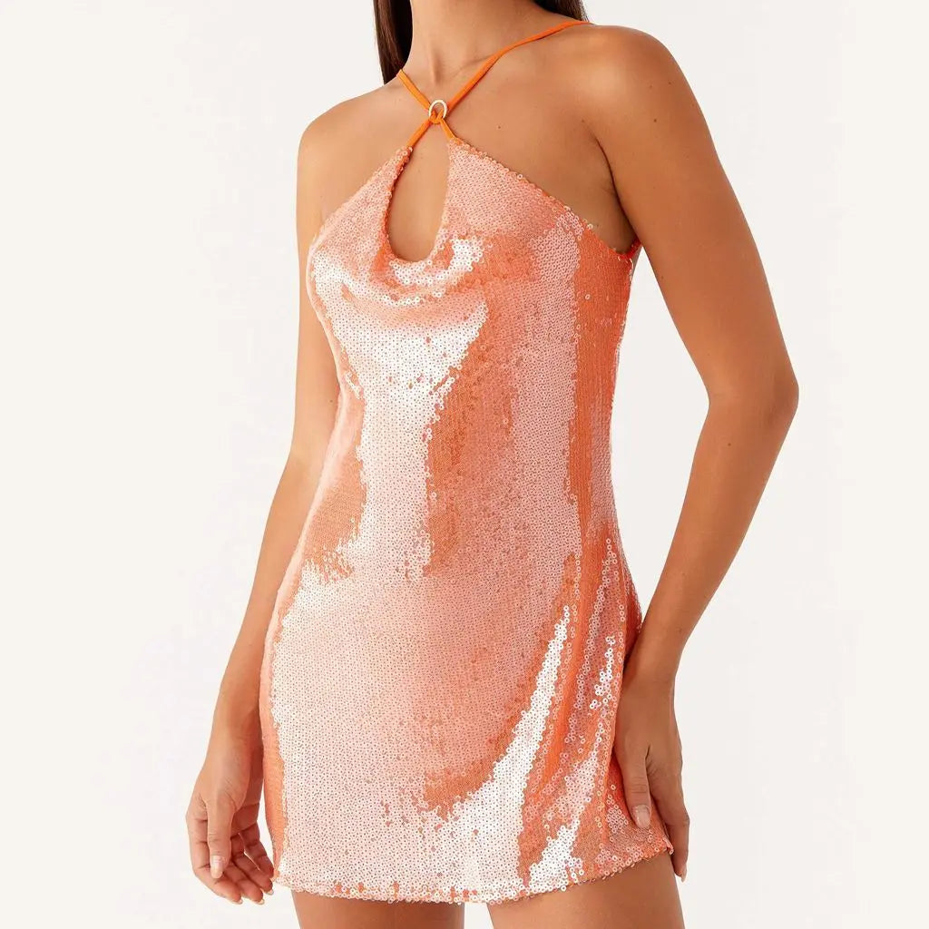 🍒Sequin summer dress glitter mini outfit sleeveless adjustable thin spaghetti Strap fashion clothes for parties backless mini dress black  Back Classics