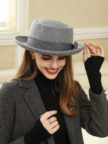 🍒Women's fall and winter hat wool felt fedora with side bow classic italian style hat rolled brim flat top fashion headwear  FED Up with DORA stealing your HATS get this and hide in your cool closet