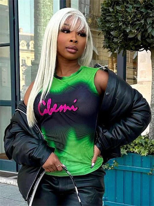 🍒Tie dye sleeveless top mesh see through crop top women party vest hot club wear Y2K Slim Clothing Get Your Greens