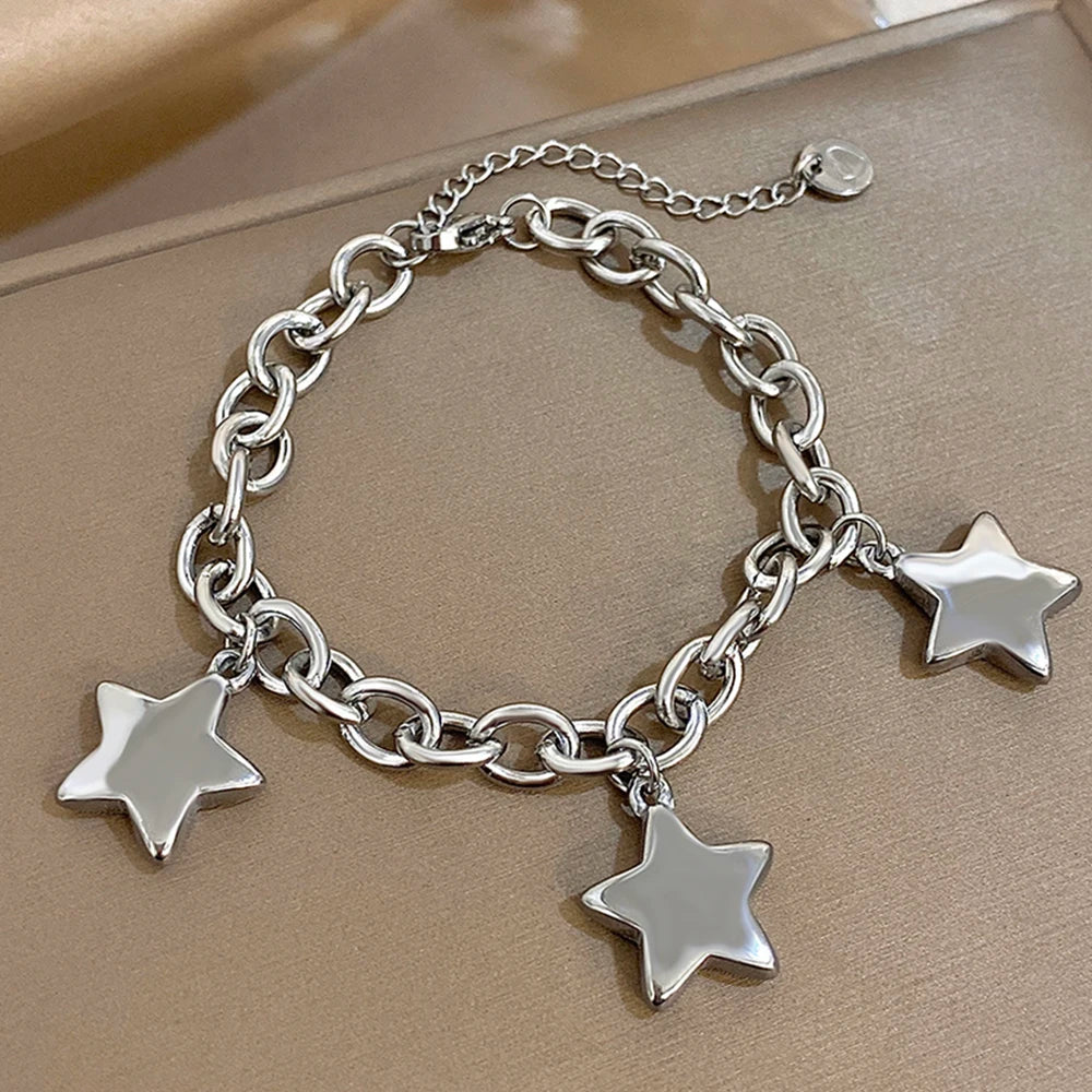 🍒Chunky star bracelet thick  stainless steel pendant chain silver bracelet for women gold plated stars wrist jewellery  you will be STAR-tled When You Get This
