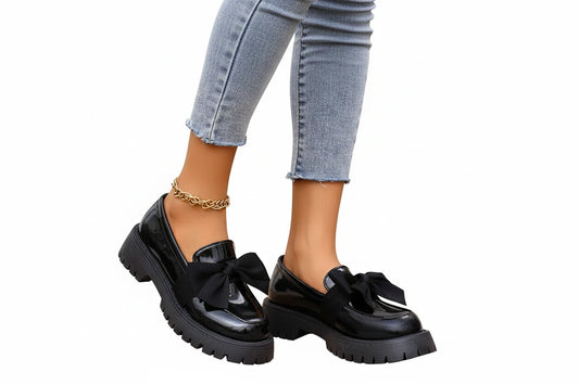 🍒Bow shoes for women's smart casual platform loafers fashion wine red patent leather footwear comfort slip on flat pumps plus size available Bob Along Bows
