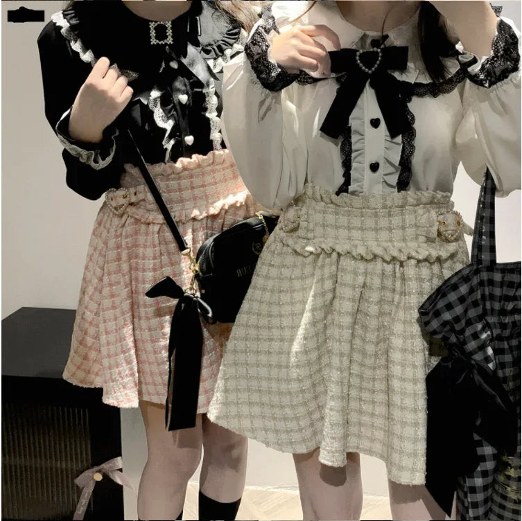🍒Lace design crop top women's short blouses Y2k fashion bow ruffle shirt feminine fashion smart casual clothing Perfect Partying Peter Pans