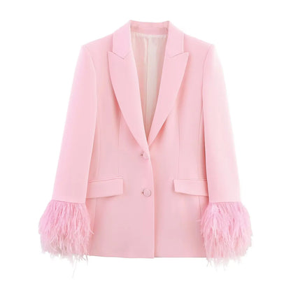 🍒Women's pink blazer sets lapel  collar long sleeve coat jacket single-breasted and chic pocket zip pants high waist party occasion wear Floss In Candy