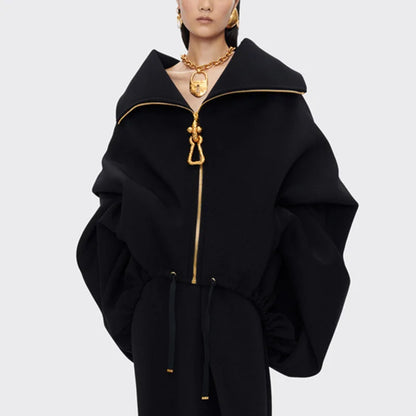 🍒Oversized zipped coat women's fashion solid color long sleeve casual drawstring jacket black designer style spring autumn clothing   Big Up To Oversized Cool