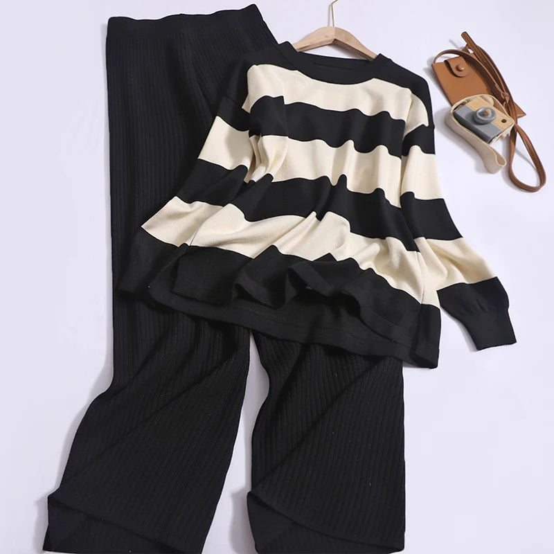 🍒Summer two-piece sets women’s contrast Colour striped top o-neck long sleeve plus casual high waist wide leg pants Suit Yourself With Stripes