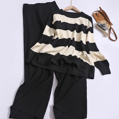 🍒Summer two-piece sets women’s contrast Colour striped top o-neck long sleeve plus casual high waist wide leg pants Suit Yourself With Stripes