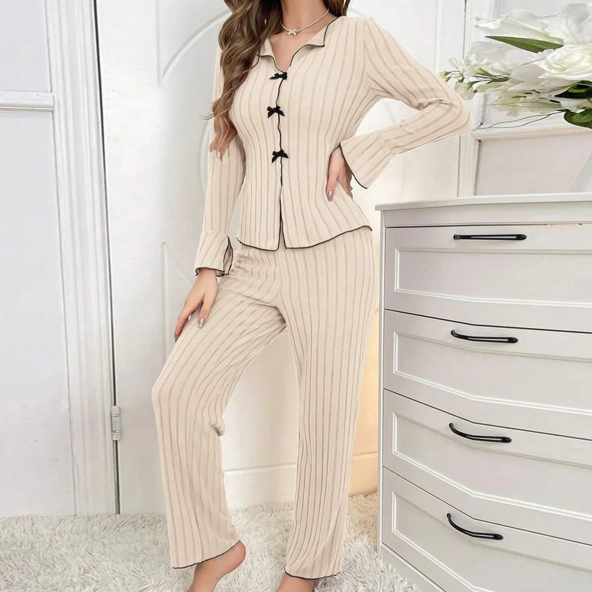 🍒Two-piece loungewear sleepwear set women suitable for homewear clothes smart casual fashion leisure outerwear Make A Bee-line For This Bow Line