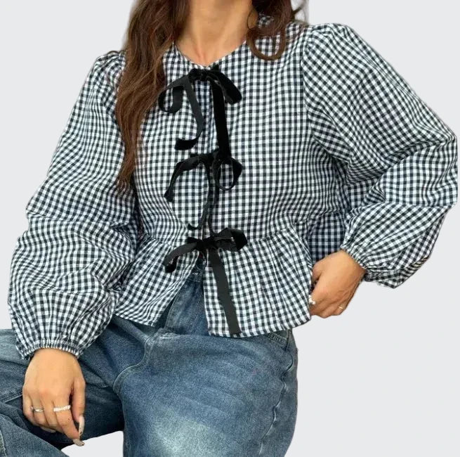 🍒Shirt Women casual blouses spring jacket printed check blouse with bows in front round collar puff sleeve overshirt sweet smart casual female clothes spring Summer wear  Bring Some BOW Beauty And CHECK The Compliments