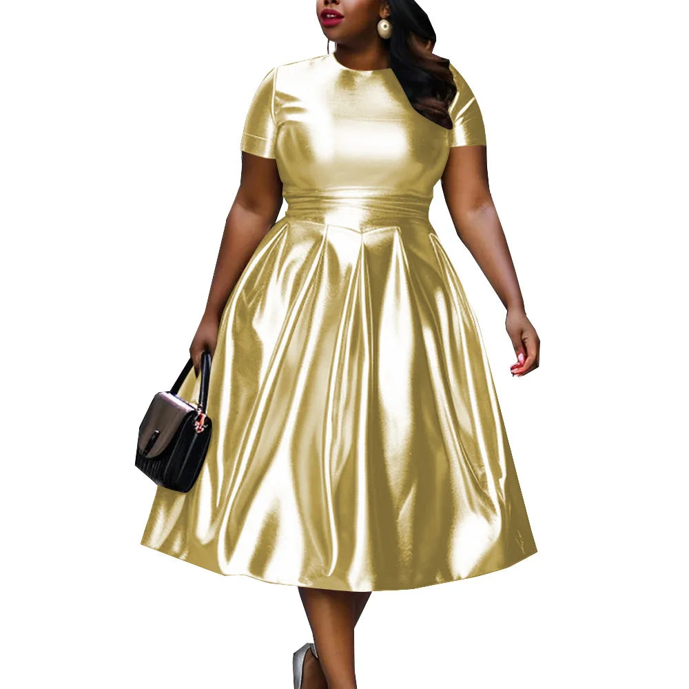 🍒A-line shiny dress metallic short sleeve midi for women plus size outfit fit and flare elastic dress smart casual clothing Summer Stunner