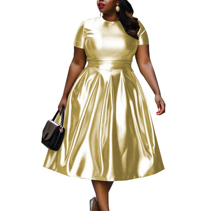🍒A-line shiny dress metallic short sleeve midi for women plus size outfit fit and flare elastic dress smart casual clothing Summer Stunner