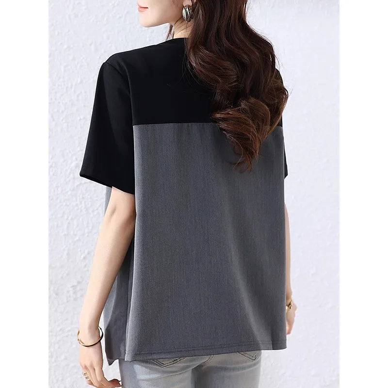 🍒Fake two-piece t-shirt short-sleeved tee womens oversized summer t-shirt high-end design blazer tops Jacket A T-Shirt Jacket