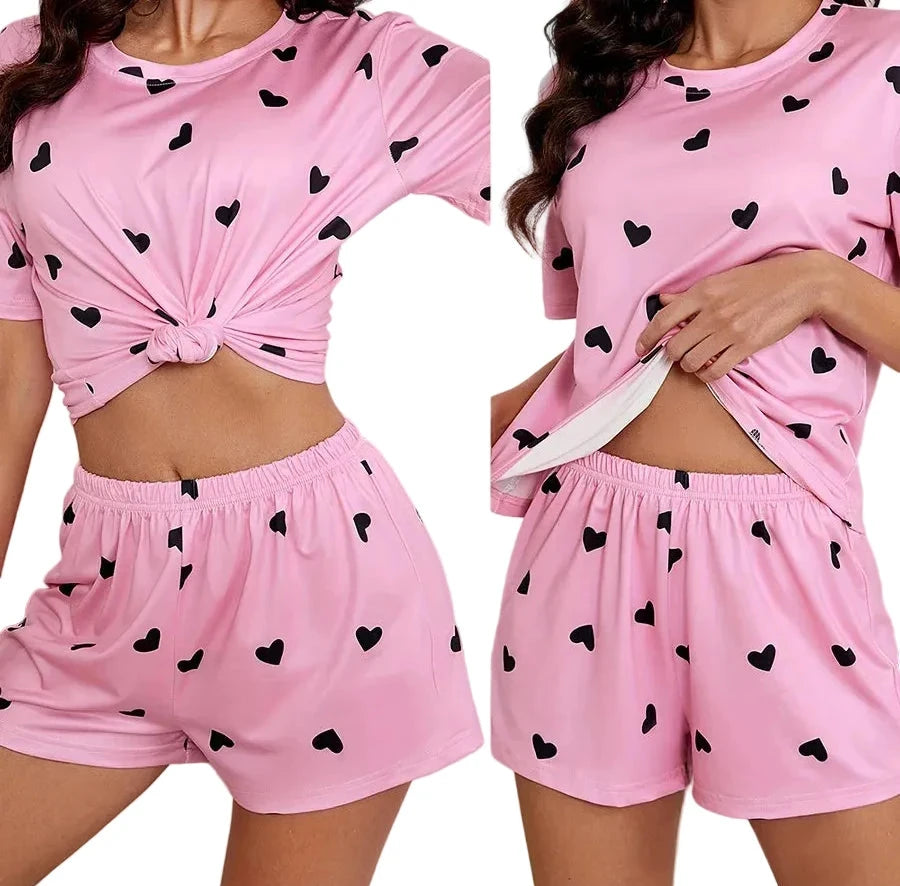 🍒Women's Love heart sleepwear set print knit fashion heart print top soft short sleeve top and shorts sleepwear set for comfortable home wear lounge wear  Light Hearted Fun