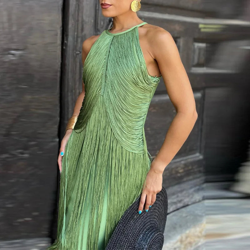 🍒Multi-layer tassel dress women's solid o-neck sleeveless cocktail dress elegant female fashion ball party outfit occasion wear club wear holiday beach party wear No Tossle Tassle