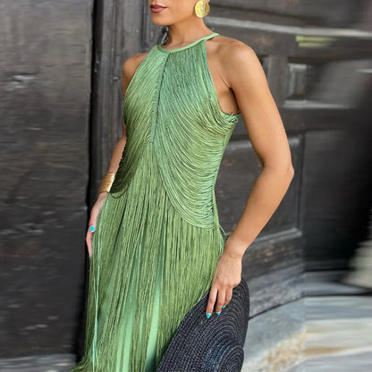 🍒Multi-layer tassel dress women's solid o-neck sleeveless cocktail dress elegant female fashion ball party outfit occasion wear club wear holiday beach party wear No Tossle Tassle