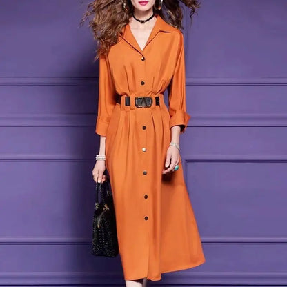 🍒French shirt dress elegant button up outfit women with belt spring autumn solid color fashion single breasted midi Bark Up The Right Tree And Pick An Orange