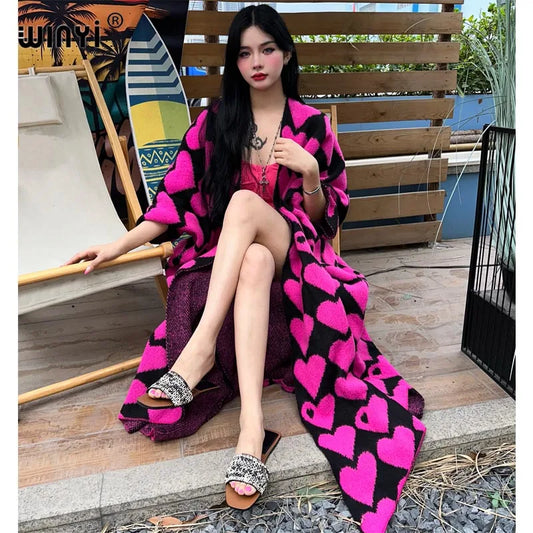 🍒 Heart print cardigan womens knitwear kimono fashion autumn winter smart casual wear party coat thick warm womens holiday coat women Warm Hearted
