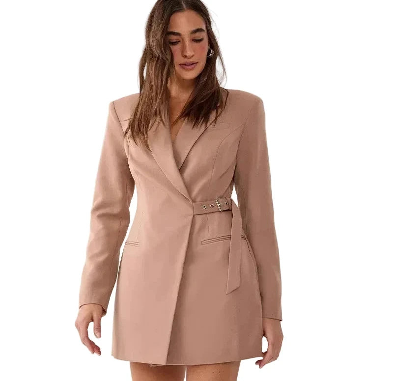 🍒Collar blazer dress womens dress with belt urban Waist-fit side belt design chic clothing for women pocket full sleeve solid dresses  Nip Fit Slick Chic