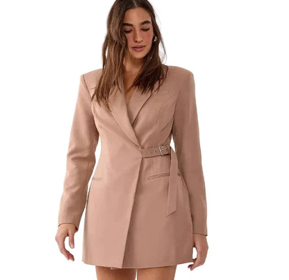 🍒Collar blazer dress womens dress with belt urban Waist-fit side belt design chic clothing for women pocket full sleeve solid dresses  Nip Fit Slick Chic