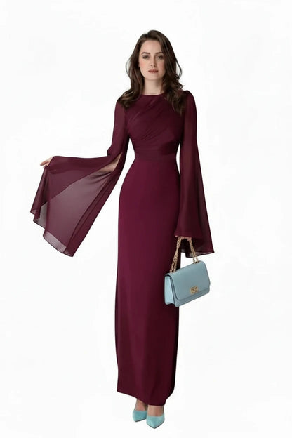 🍒Chiffon gown for women solid dress o-neck slim elegant evening wear bell sleeve high Waist outfit pleats long party occasion wear No Need To Ring For This Bell