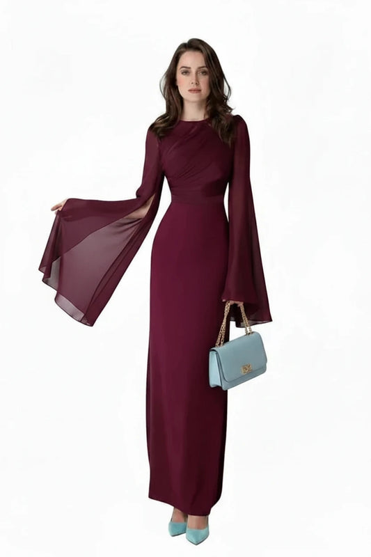 🍒Chiffon gown for women solid dress o-neck slim elegant evening wear bell sleeve high Waist outfit pleats long party occasion wear No Need To Ring For This Bell