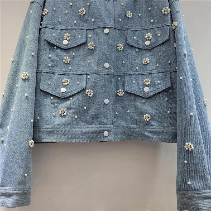 🍒Denim jacket with  pearls beaded flower long sleeve round neck crop jacket smart casual women Don A Decorated Denim