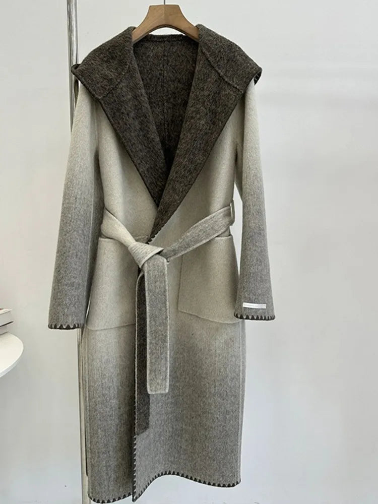 🍒Pink wool mix coat with hood and belt stylish winter overcoat colourful modern fashion coat smart casual outerwear women Look Candy In Floss Wool