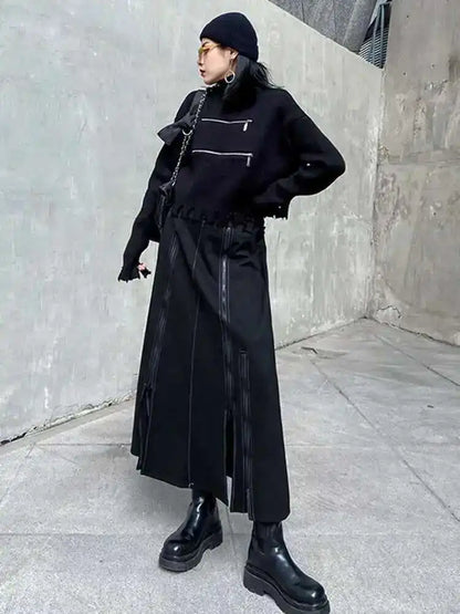 🍒High waist a-line skirt with stretch Waist band black zipper Slit Irregular fashion smart casual women party occasion wear Dont SKIRT around it Zip to this A-sap