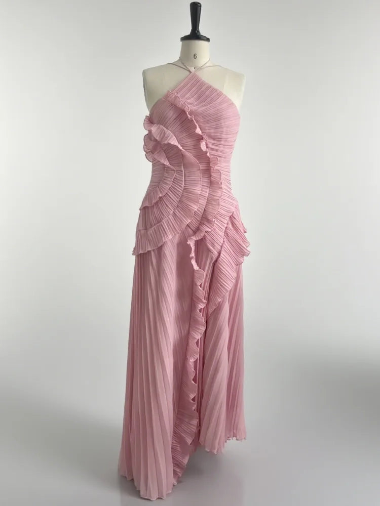 🍒Ruffles evening gown elegant neck strap pleated a-line midi dress solid color summer outfits backless vacation wear Y2k fashion party occasion wear       Get This Ruffle You'll Be Frilled