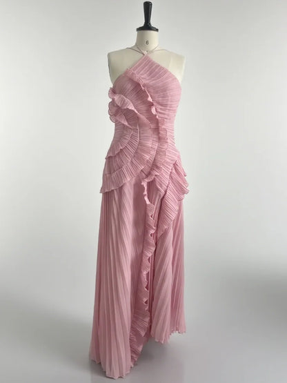 🍒Ruffles evening gown elegant neck strap pleated a-line midi dress solid color summer outfits backless vacation wear Y2k fashion party occasion wear       Get This Ruffle You'll Be Frilled