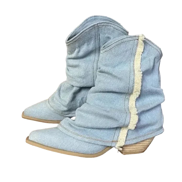 🍒Pointy toe ankle boots blue denim canvas shoes casual cloth booties for women comfortable western boots Cool Cowboy