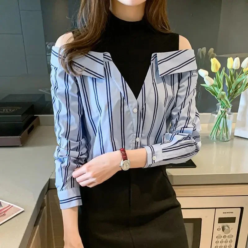 🍒Fake two piece shirt cotton blouse for women off shoulder top cool blue stripe shirt Woman Particular Trends Youth