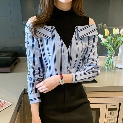 🍒Fake two piece shirt cotton blouse for women off shoulder top cool blue stripe shirt Woman Particular Trends Youth