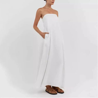 🍒French cotton dresses linen holiday clothes strapless outfits high waist backless summer clothing long dress for women maxi fashion Ladies Line Up For Your linen