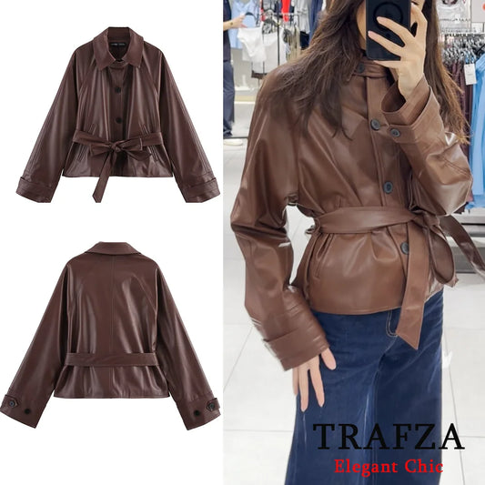 🍒Faux leather short trench coat with belt spring fall fashion commuter jacket women stylish street coat smart casual outerwear Leather Looking Lavish