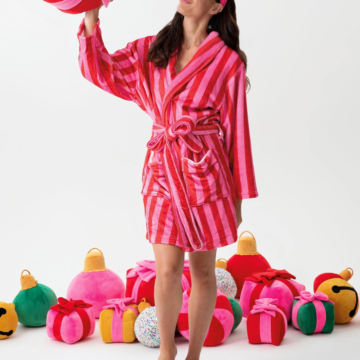 🍒Warm flannel robe for women winter plush sleepwear long sleeve lapel dressing gown with Tie beltStripe Heart Candy Triangle Prints Bathrobe Kimono Robe Wrap Up Christmas