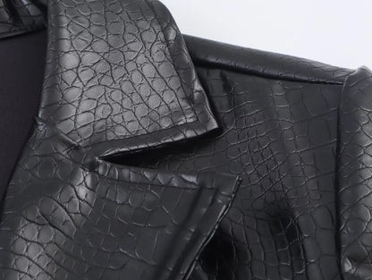 🍒Extra long faux leather trench coat vintage maxi luxury pu double breasted black designer outerwear clothing smart casual Crocodile Style