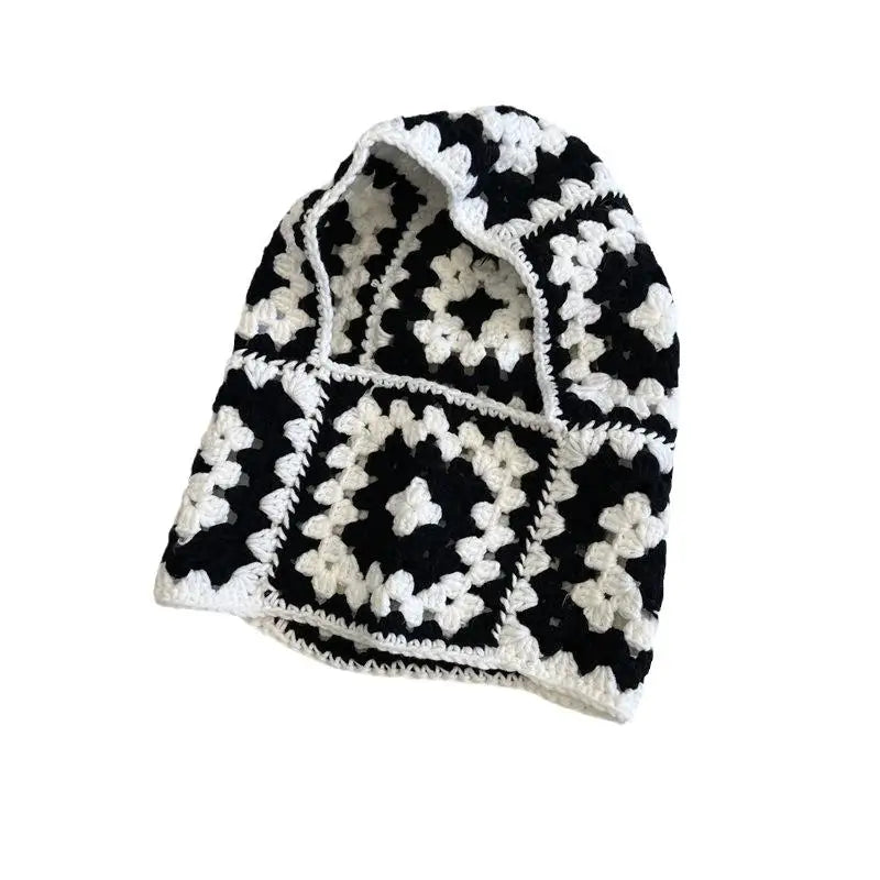 🍒Stylish balaclava hat for adults autumn winter knitted Hats for women handmade unique neck gaiter neck warmer retro knitwear fashion warm ear protection black and white grid hood KNIT this PEARL Into Your Hat Wardrobe