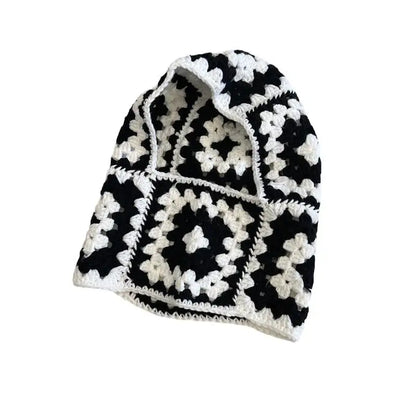 🍒Stylish balaclava hat for adults autumn winter knitted Hats for women handmade unique neck gaiter neck warmer retro knitwear fashion warm ear protection black and white grid hood KNIT this PEARL Into Your Hat Wardrobe