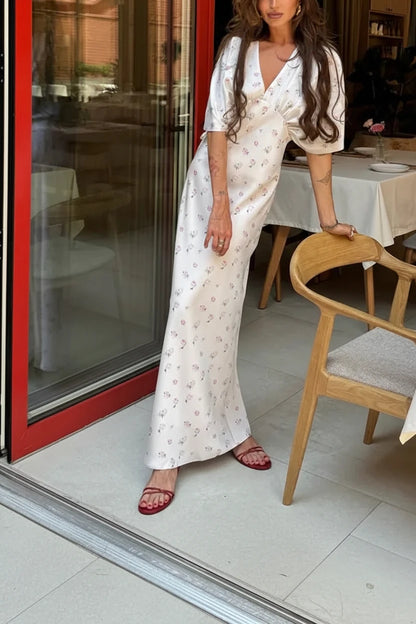 🍒White floral satin maxi dress for women casual or occasion wedding guest beach vacation outfit flower printed v-neck dress womens fashion slim fit waist short butterfly sleeve long summer wear with short sleeves high waist cute comfy casu-casion