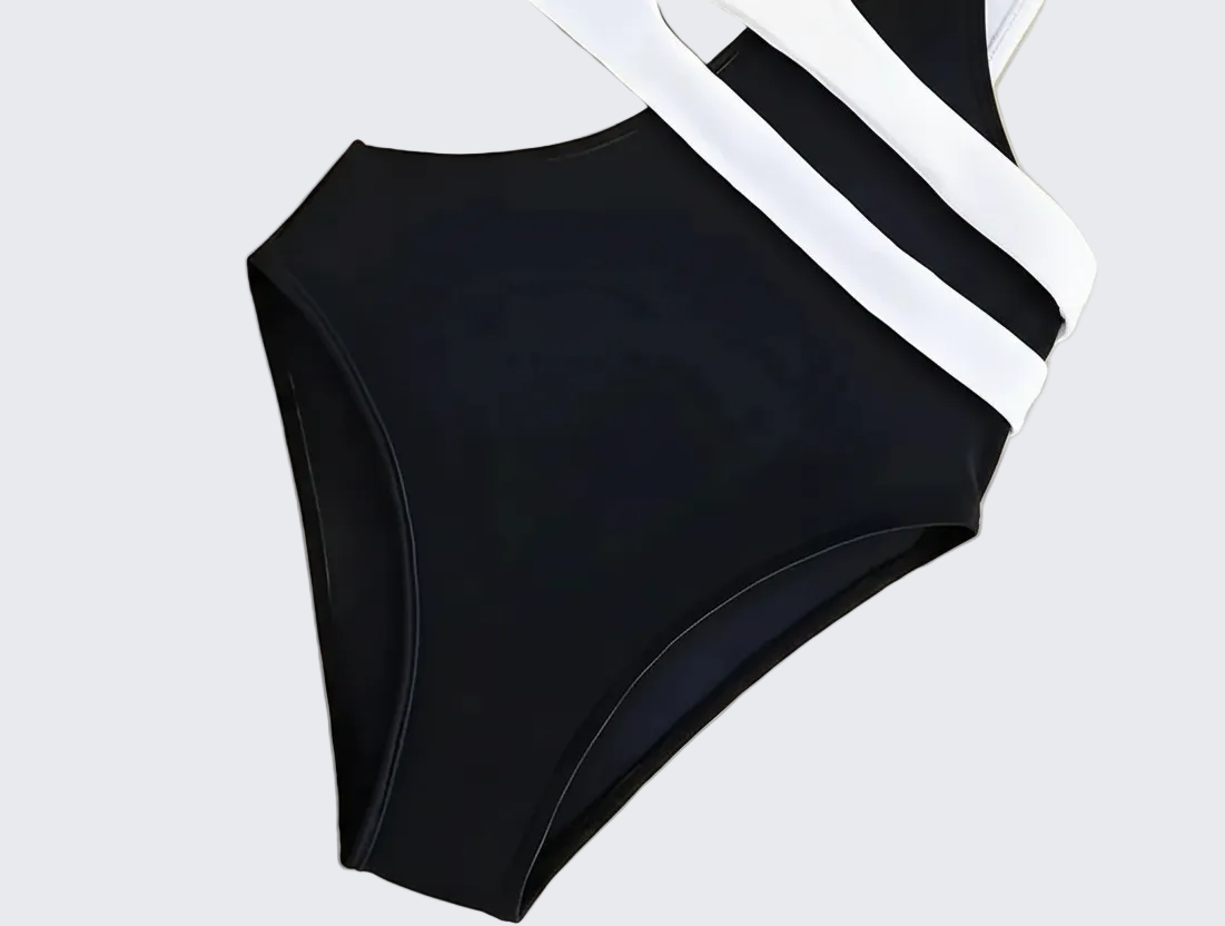 🍒One-piece swimsuit colour block collision single shoulder bathing suit strap design high eastic backless swimwear type european style swimming costume with tie straps  SHOREly CHIC