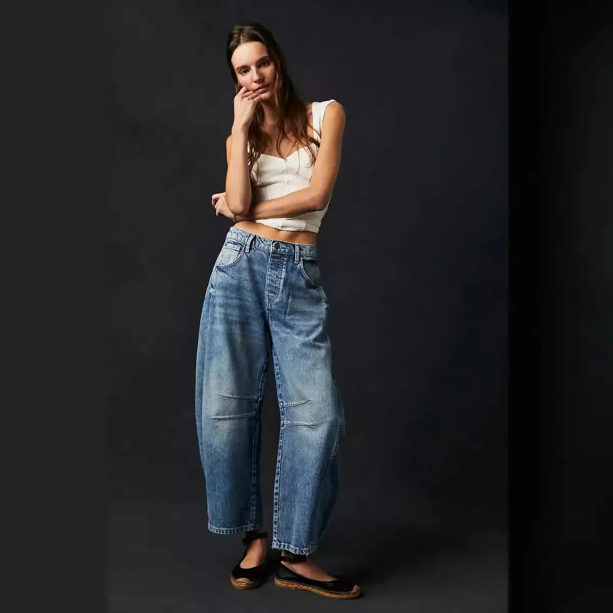 🍒Loose mid waist Jeans bleached denim style full length pants fashion solid colour trousers with pockets casual wear for women Barrels Of Style