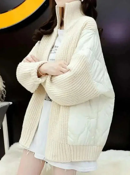 🍒Mixed media jacket knitted women patchwork outerwear  padded loose casual solid skin zipper cardigan female fashion warming outerwear Get Down To Town