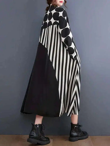 🍒Black polka dot a-line dress plus size Asymmetry shirt dress midi women's long sleeve summer outfits fashion smart casual Get An Angle On A- Triangle